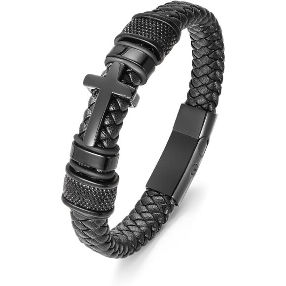 Men's Stainless Steel Leather Ashes Memorial Bracelet Cross Style Secure Keepsak - Picture 1 of 7